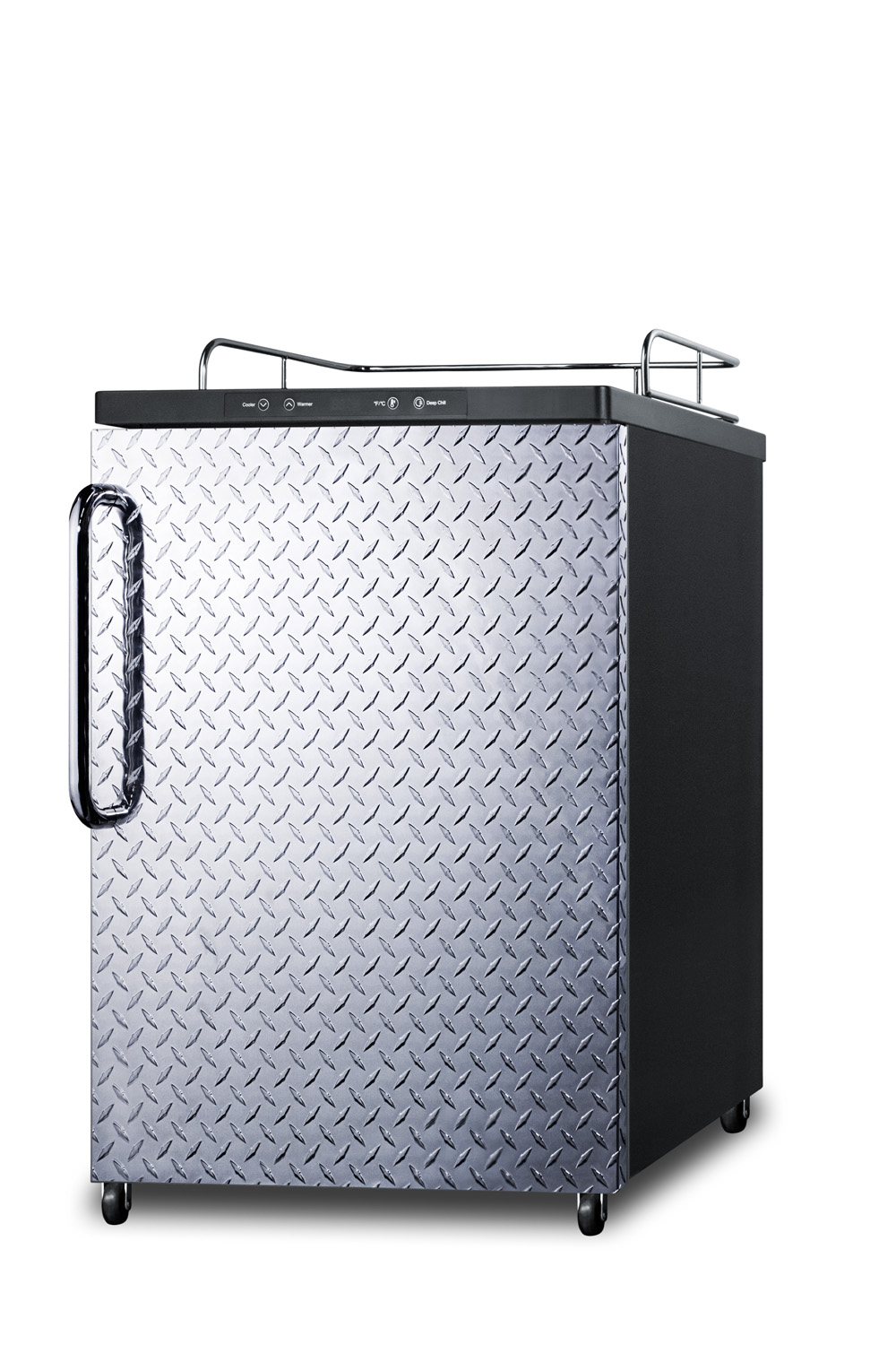 Freestanding residential beer dispenser, auto defrost w/digital thermostat, diamond plate door, TB handle, and black cabinet; no tapping equipment included